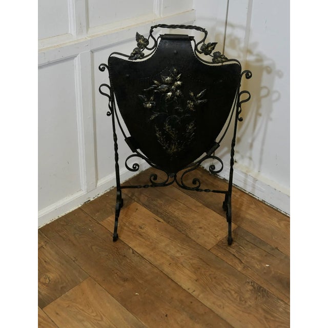 Victorian Arts and Crafts Gothic Shield Iron Fire Screen For Sale - Image 5 of 7
