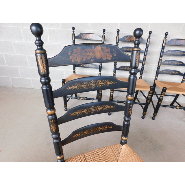 L Hitchcock Harvest Stenciled Black Ladder Back Rush Bottom Dining Chairs - Set of 8 For Sale - Image 13 of 18