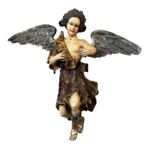 Antique Italian Carved Wood Angel, Original Paint, Circa 1880s