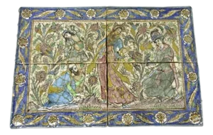 Antique Persian Iznik Qajar Style Ceramic Pottery Tile Mosaic Woman & Servant C7