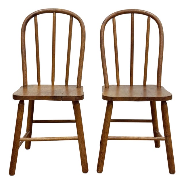 Vintage Primitive Childs Wood Windsor Chairs, a Pair For Sale