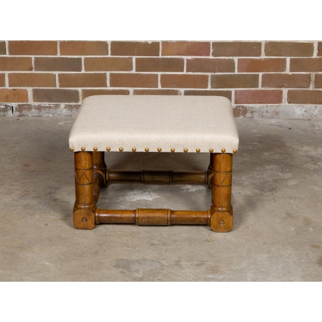 English English Oak 1900s Stool with Incised Accents and Custom Upholstery For Sale - Image 3 of 11