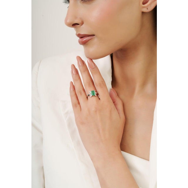 Natural Emerald Octagon Cut Engagement Ring With Diamond Accents in 925 Silver- Size 6.5 For Sale - Image 6 of 11