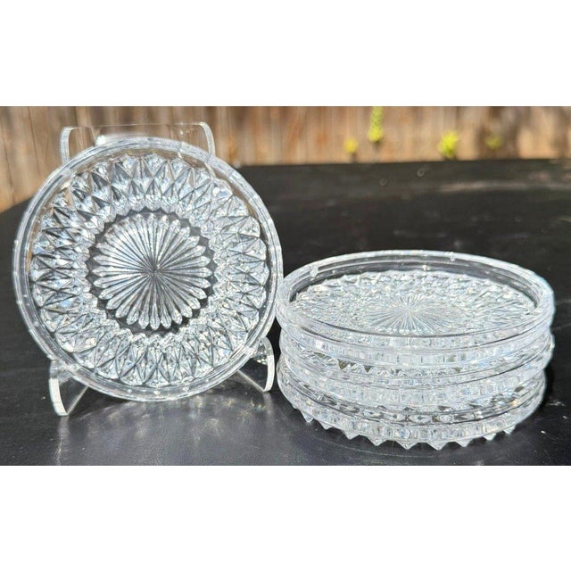 Mid-Century Modern Vintage Clear Pressed Glass Coasters Set of 4 Starburst Diamond Point 4.25" For Sale - Image 3 of 5