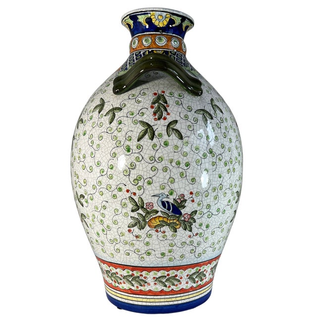 Late 20th Century 17+ In. Tall Chinese Jug Vase Stylized Blue Songbird, Fruit & Leaf Pattern For Sale - Image 5 of 18