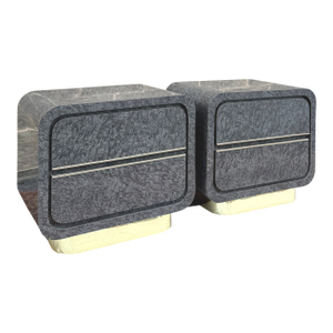 1980s Postmodern Waterfall Laminate & Brass 2 Drawer Nightstands in Gray Burlwood Print - A Pair