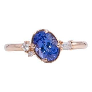 Aaa Tanzanite Ring With Earth-Mined Diamond Accents: Solid 14k Gold, 7x5mm, Size 6.75 For Sale