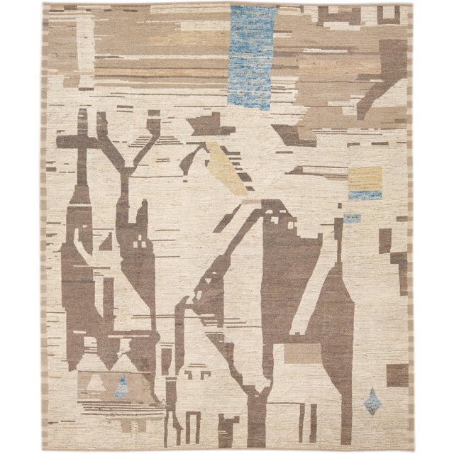 Modern Boho Chic Moroccan Style Handmade Abstract Motif Beige Oversize Wool Rug For Sale - Image 9 of 9