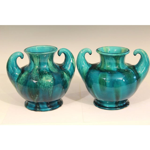 Ceramic Pair 1930s Awaji Pottery Art Deco Japanese Vintage Studio Muscle Vases Blue Green Flambe For Sale - Image 7 of 8