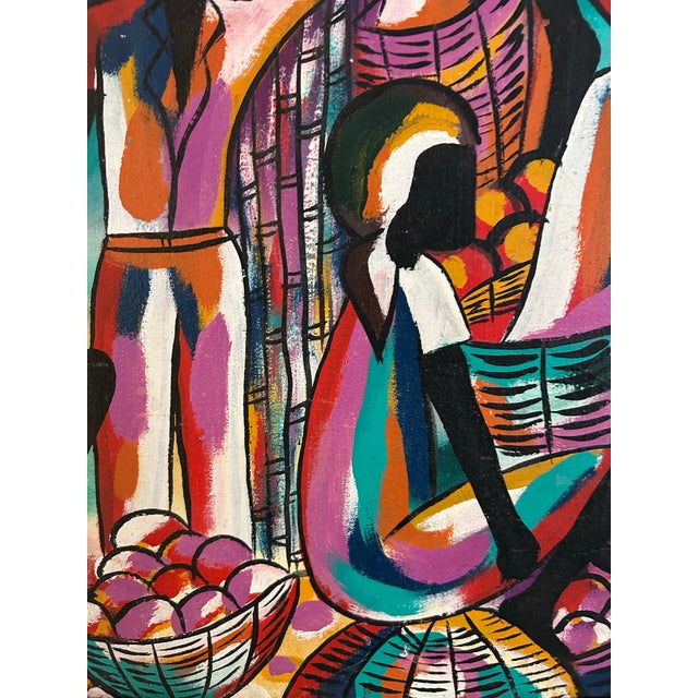 Textile Vintage 1960’s Mid Century Abstract Haitian Folk Art Painting For Sale - Image 7 of 9
