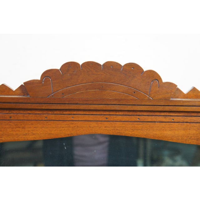 Wood Antique Victorian Eastlake Walnut Hanging Mirror With Carved Scalloped Pediment For Sale - Image 7 of 12