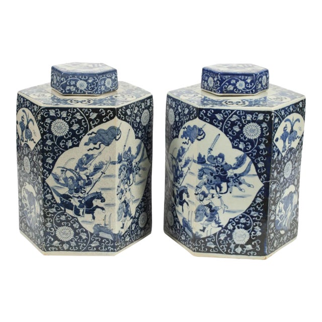 Pair of Chinese Blue & White Porcelain Tea Canisters For Sale