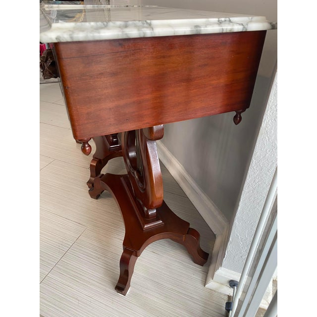 Mid 19th Century Victorian Mahogany Marble Top Harp Lyre End Tables