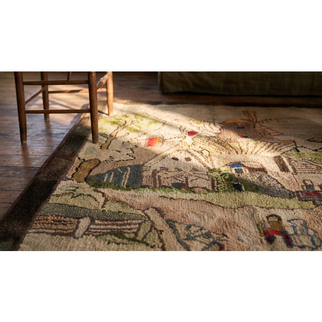 1940s Tan Ecru Dutch Windmill Scenic Pictorial Antique American Hooked Rug 3'2" X 5'6" Wool Carpet For Sale - Image 12 of 12