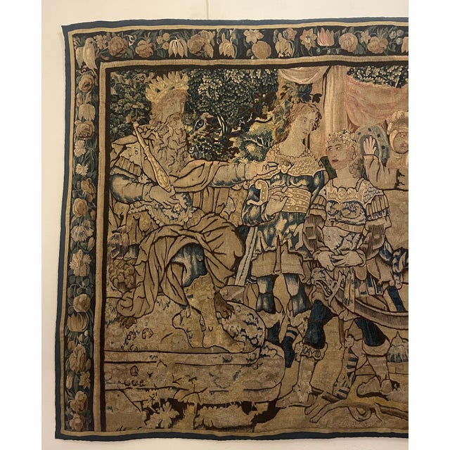 Superb 17th-century Flemish tapestry depicting a biblical scene: the meeting of David and King Saul. At the center of the...