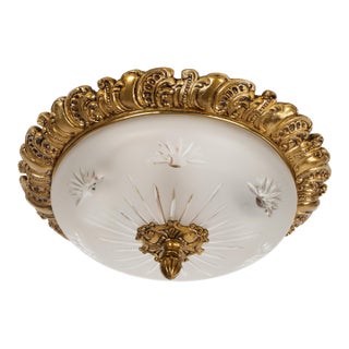1960s Spanish Brass & Frosted Glass Flush Mount Fixture For Sale