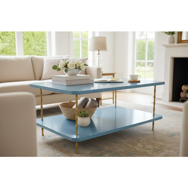 Wood Handcrafted Satin Sea Reflection Painted Two-Layer Coffee Table With Brass Bamboo Legs For Sale - Image 7 of 7
