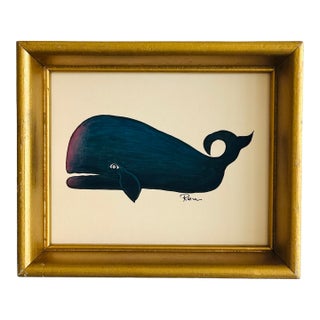 Original Hand-Painted Whale Painting in a Vintage Frame For Sale