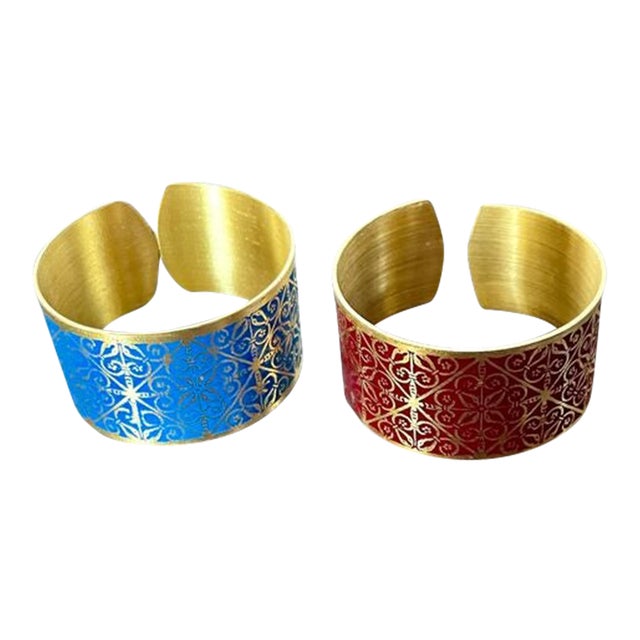 Vintage Pair Brass & Enamel Napkin Rings For Sale