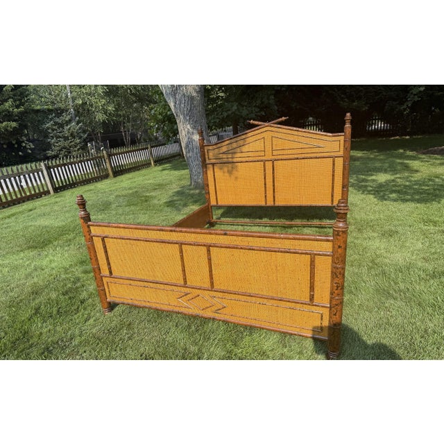 Wood British Colonial Style Faux Bamboo and Rattan Queen Bed in Tortoise Finish For Sale - Image 7 of 12