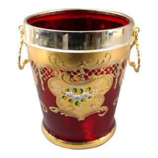 Vintage Tre Fuochi Italian Venetian Murano Glass Ruby Red 24k Gold Floral Ice Bucket For Sale