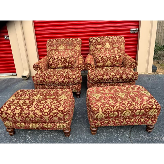 beautiful pair of vintage very nice colorful chairs with two ottomans hand crafted upholstery by Clayton Marcus the size...