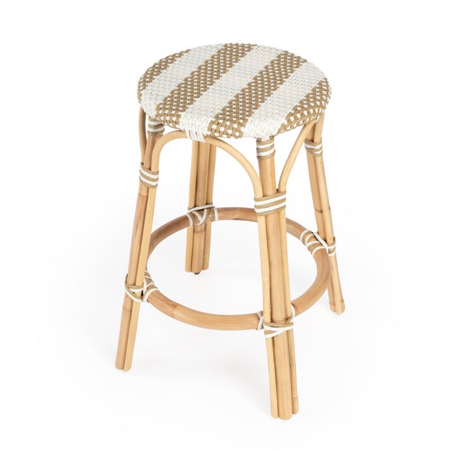 Ivory Tobias 24 in. Seat Height Round Rattan Backless Counter Stool, Tan/White Stripe/ Natural Rattan Frame For Sale - Image 8 of 8