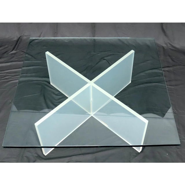 Transparent Frosted Lucite X-Base Glass Top Square Coffee Table For Sale - Image 8 of 12