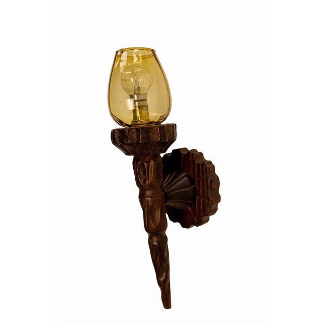Colored Glass and Pine Sconces, France, 1940, Set of 2 For Sale - Image 4 of 10