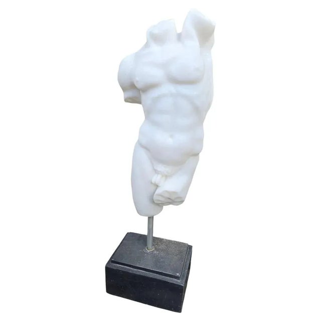 Stone Italian Hand-Carved Marble Greek Torso on Black Marble Base, 1980 For Sale - Image 7 of 7