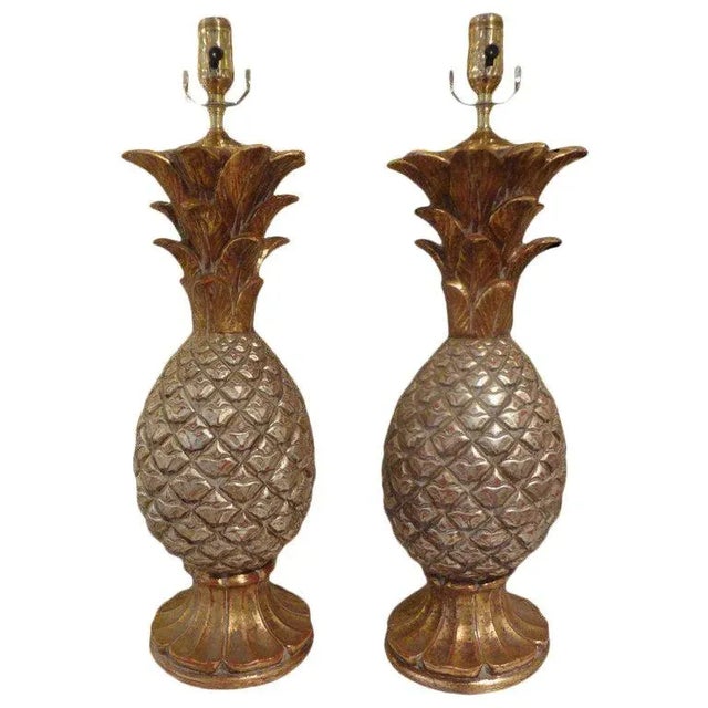 Gold 1960s Vintage Italian Gilt Terra Cotta Pineapple Lamps - a Pair For Sale - Image 8 of 9