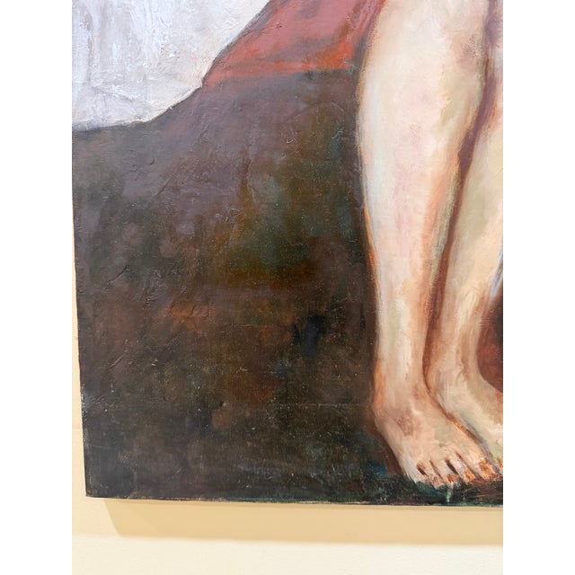 Textile Large Mid-Century Modern Surrealist Naked Female Figure Oil Painting on Canvas – 27x50 For Sale - Image 7 of 9