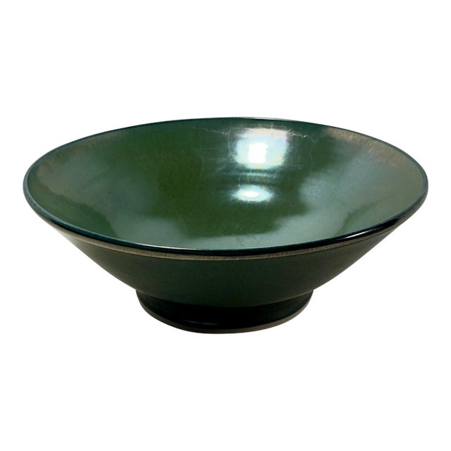 Vintage Studio Pottery Large Centerpiece Decorative Porcelain Green Bowl Signed For Sale