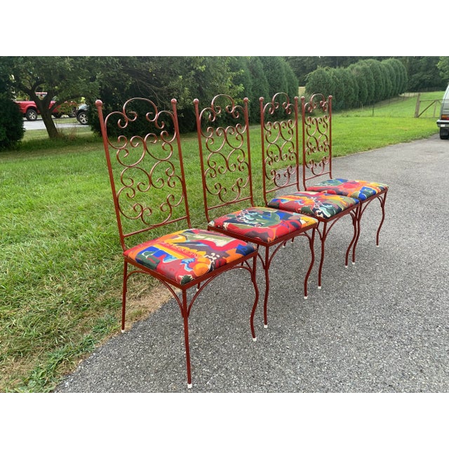 Wood 1960s Regency Iron Garden Chairs with Clarence House Textile Seats- Set of 4 For Sale - Image 7 of 12