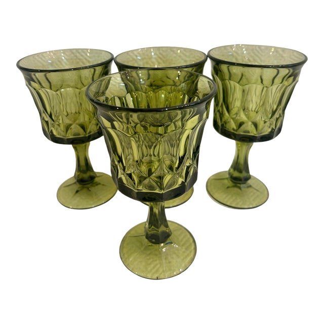 Late 20th Century Noritake Perspective-Green Pressed Glass Water Goblets - A Set of 4 For Sale