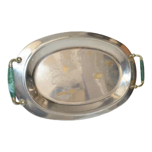1960s Art Deco Malachite Handles Brass & Stainless Steel Inox 18/10 Oval Tray