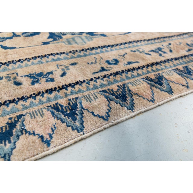1900s Antique Navy Tan Distressed Indo Kashan Botanical Animal Allover Design Hand-Knotted Wool Low Pile Rug - 9’8“ X 12’ For Sale - Image 9 of 12