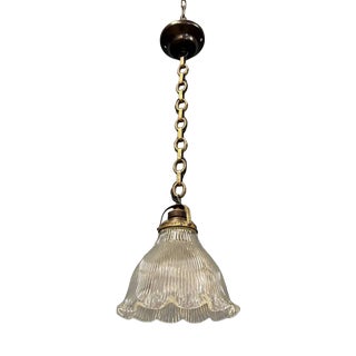 Small Pressed Glass Pendant Lamp with Chain and Ceiling Rose from Holophane, 1930s For Sale