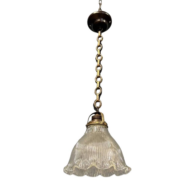 Small Pressed Glass Pendant Lamp with Chain and Ceiling Rose from Holophane, 1930s For Sale