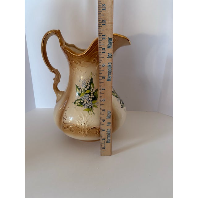 Rs Prussia Antique Lily of the Valley Porcelain Pitcher & Basin Set With Gilt Embossing For Sale - Image 9 of 10