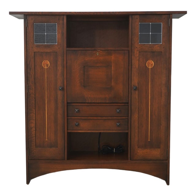 Stickley Mission Oak Harvey Ellis Inlaid Fall Front Bookcase For Sale