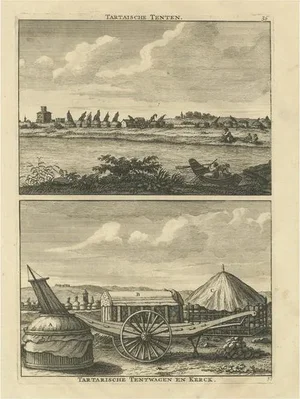Cornelis de Bruyn, Tartar Tents, Wagon and a Tartar Church, 1714, Print