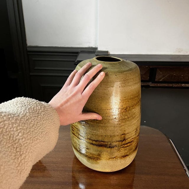 Georges ponsart, 33cm yellow modernist vase without neck, large fire salted stoneware, bouffioulx ca 1950. Perfect...