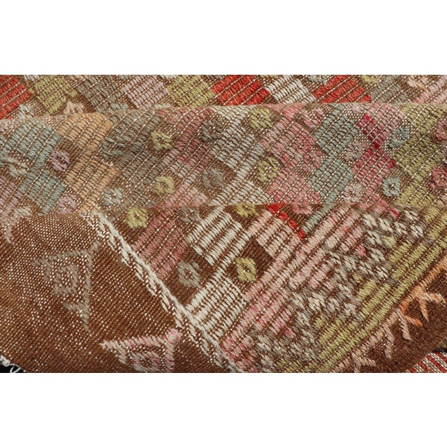 Large Vintage Turkish Kilim Rug With Coral, Gold, Sage Diamond Pattern For Sale - Image 13 of 14