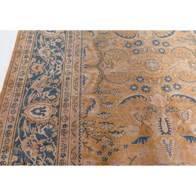 Authentic 19th Century Indian Yellow Beige Botanic Handmade Wool Rug For Sale - Image 9 of 9