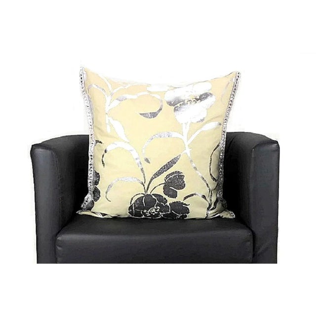 Hand-Painted Silver Floral Pillow For Sale - Image 6 of 13