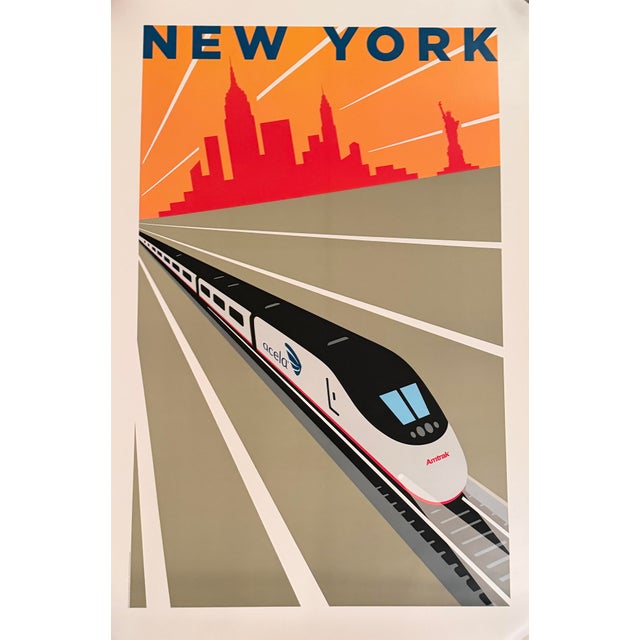 Modern American railway advertising poster by Michael Schwab, created for Amtrak’s Acela service, depicting the...