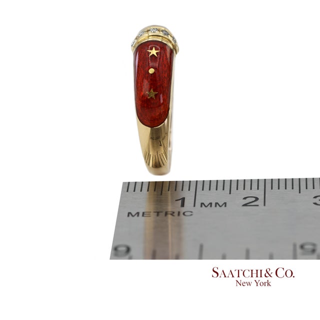 Vintage Faberge 18k (750) Solid Yellow Gold Red Enamel Diamond Ring, Size 7.5 For Sale - Image 12 of 12