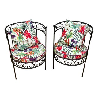 Vintage Wrought Iron Chairs with Tropical Pattern Cushions, 1970s, Set of 2 For Sale