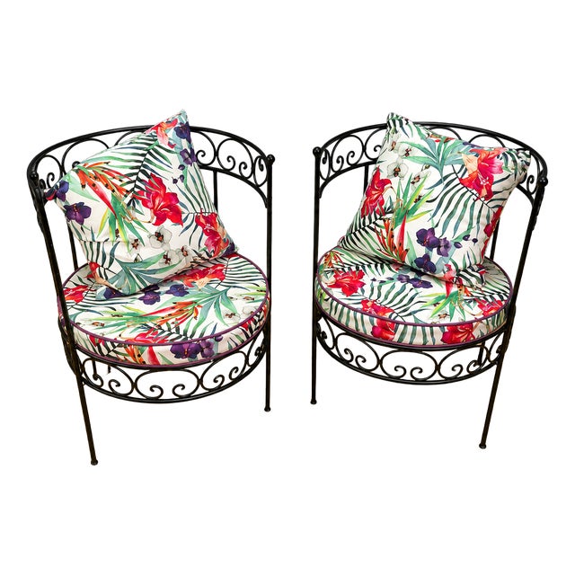 Vintage Wrought Iron Chairs with Tropical Pattern Cushions, 1970s, Set of 2 For Sale